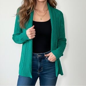 L.L. Bean Green Cableknit Cardigan Sweater Small 100% Cotton